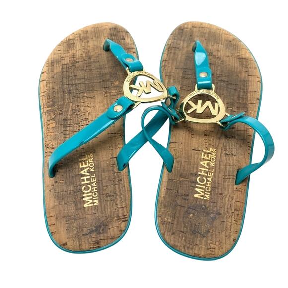 Michael Kors Teal Blue Gold Logo Thongs Sandals Flip Flops Shoes Flats sz 6 - Picture 11 of 16